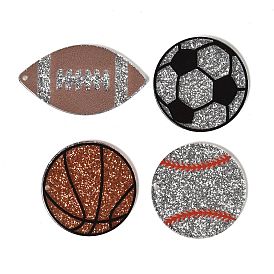 Colgantes de resina transparente de baloncesto/rugby/béisbol/fútbol, Charms de pelotas deportivas con polvo de purpurina.