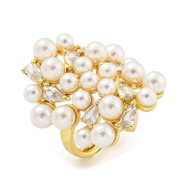 Brass Micro Pave Cubic Zirconia Finger Rings, with ABS Plastic Pearl, Adjustable Rings for Women