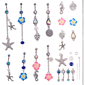 DIY Making,304 Stainless Steel Navel Rings, Alloy Pendants, Glass Beads and Iron Cable Chains