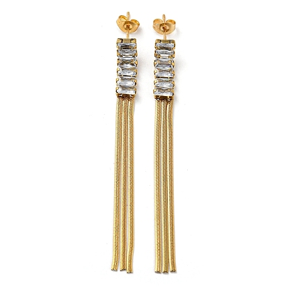 Ion Plating(IP) Cubic Zirconia Dangle Stud Earrings, 304 Stainless Steel Chains Tassel Earrings