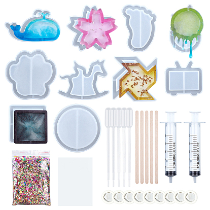  Silicone Quicksand Mold Kits, Shaker Mold, DIY Resin Quicksand Silicone Molds, Birch Wooden Craft Ice Cream Sticks, Disposable Latex Finger Cots and Screw Type Hand Push Glue Dispensing Syringe(without needle)