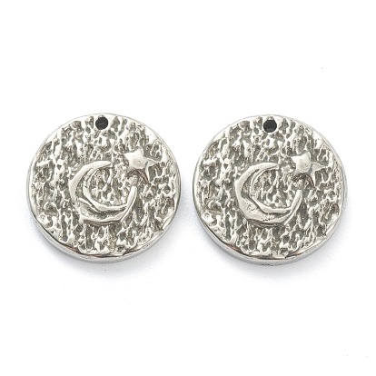 304 Stainless Steel Charms, Hammered Flat Round with Moon and Star