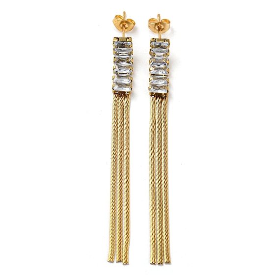 Ion Plating(IP) Cubic Zirconia Dangle Stud Earrings, 304 Stainless Steel Chains Tassel Earrings