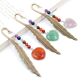 Gemstone Heart Pendant Bookmark, with 7 Natural Gemstone Round Beads, Feather Shape Alloy Bookmark