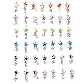 7 шт. 7 стили окрашенные синтетические бирюзовые морские звезды и сплав морских животных подвески, морские подвески с петлями из медной проволоки, античное серебро