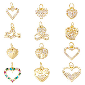 12 шт 12 стили латунные подвески из микропаве с фианитом, сердце прелести, без свинца и без кадмия, долговечный, стойки покрытие, с целью перехода в кольце