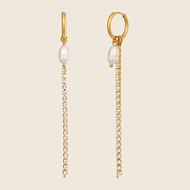 Овальные 304 серьги-кольца из нержавеющей стали и пресноводного жемчуга, цепочка-оберег