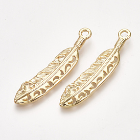 Brass Pendants, Nickel Free, Real 18K Gold Plated, Feather