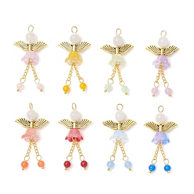 8 шт. 8 цвета натуральный малайзийский нефрит и стеклянные бусины подвески в виде ангела, с крыльями из сплава в тибетском стиле и 304 петлями из нержавеющей стали, античное золото 