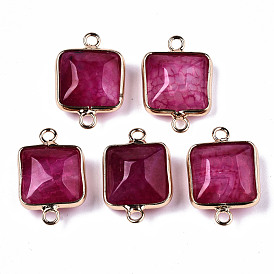Natural Agate Links Connectors, with Light Gold Tone Brass Findings, Square, Cerise