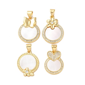 Brass Micro Pave Clear Cubic Zirconia Pendants, with Shell, Real 18K Gold Plated, Flat Round