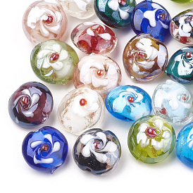 Handmade Lampwork Beads, Flat Round with Flower