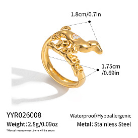 304 Stainless Steel Micro Pave Cubic Zirconia Open Cuff Rings for Women, Dog, Ion Plating(IP)