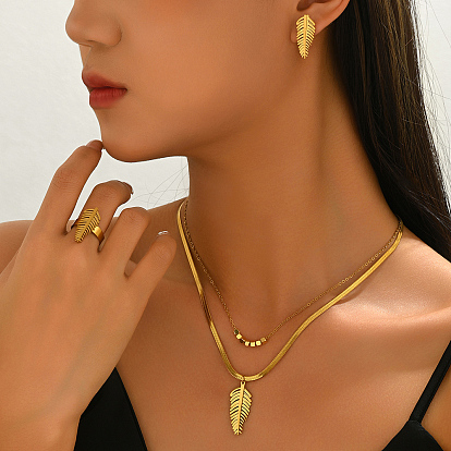 Женские комплекты сережек, ожерелий и колец из нержавеющей стали, перо