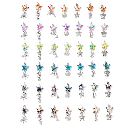 7 шт. 7 стили окрашенные синтетические бирюзовые морские звезды и сплав морских животных подвески, морские подвески с петлями из медной проволоки, античное серебро