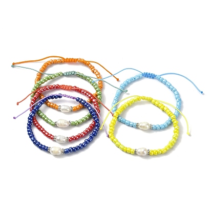 6Pcs 6 Colors Glass Seed Bead Bracelets, with Pearl Shell, Adjustable Braided Cord Jewelry for Women