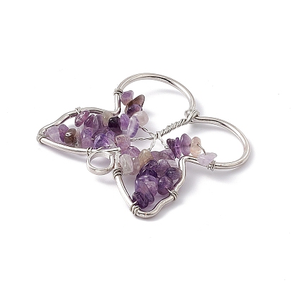Butterfly Natural Amethyst Copper Wire Wrapped Chip Big Pendants, Tree of Life Charm, with Platinum Tone Iron Findings
