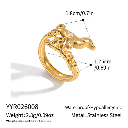 304 Stainless Steel Micro Pave Cubic Zirconia Open Cuff Rings for Women, Dog, Ion Plating(IP)