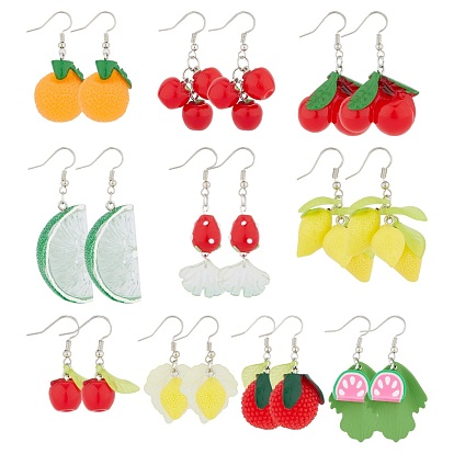DIY fruits Theme Dangle Earring Making Kits, Including Resin & Polymer Clay & Acrylic & Glass Pendants, Lampwork Beads, Brass Earring Hooks, Iron Findings