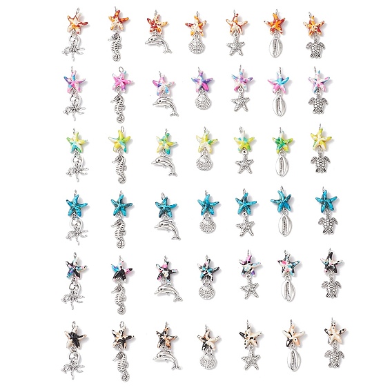 7 шт. 7 стили окрашенные синтетические бирюзовые морские звезды и сплав морских животных подвески, морские подвески с петлями из медной проволоки, античное серебро