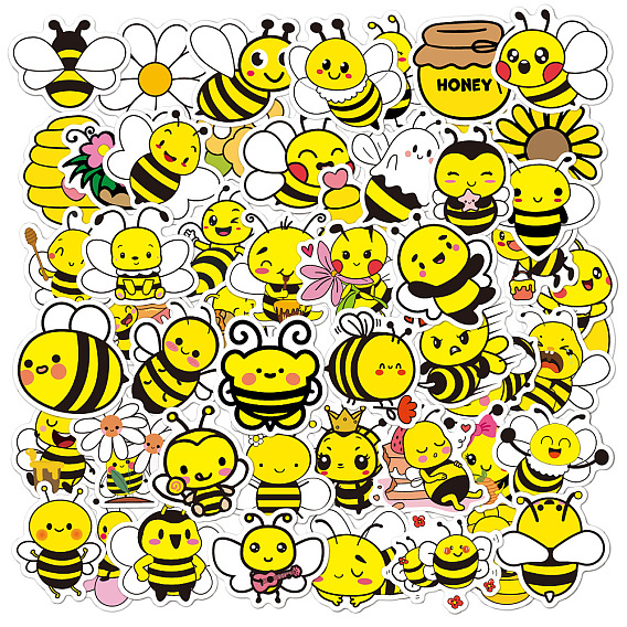 50pcs autocollants d'abeilles de dessin animé auto-adhésifs en pvc, décalcomanies d'insectes imperméables pour cadeaux décoratifs de fête