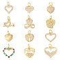 12 шт 12 стили латунные подвески из микропаве с фианитом, сердце прелести, без свинца и без кадмия, долговечный, стойки покрытие, с целью перехода в кольце