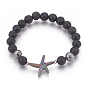 Stretch Bracelets, with Long-Lasting Plated Electroplated Natural Lava Rock, Natural Lava Rock and Brass Cubic Zirconia Beads, Starfish/Sea Stars