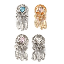 Rack Plating Alloy Rhinestone European Beads, Cadmium Free & Nickel Free & Lead Free, Large Hole Beads, Woven Net/Web with Feather