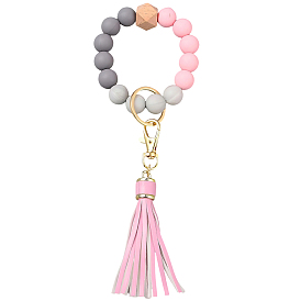 1шт. силиконовый круглый брелок с бусинами, с застежкой-брелоком из сплава и кисточкой из искусственной кожи