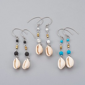Cuelga los pendientes de piedras preciosas redondas, con caparazón de cowrie, Perlas de hematites no magnéticas de electroplaca y ganchos de aretes de acero inoxidable 304