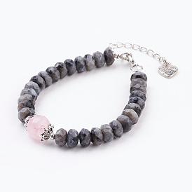 Faceted Natural Labradorite Bracelets, with Natural Rose Quartz Beads and Alloy & Brass Findings