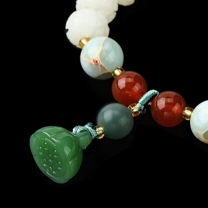 Dyed Bodhi Wood & Natural Agate Beaded Stretch Bracelet with Lotus Charms for Women