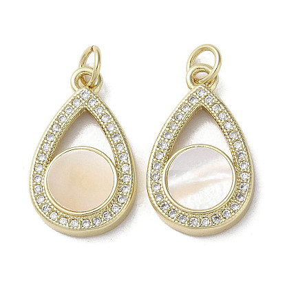 Brass Micro Pave Cubic Zirconia Pendants, with Shell, Teardrop
