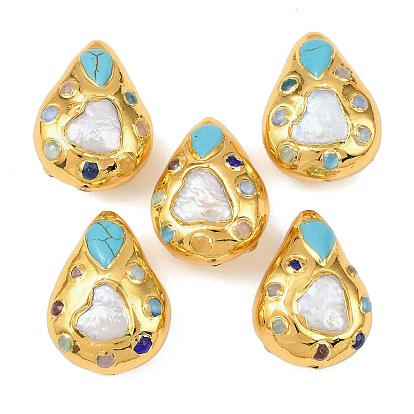 Окрашенная синтетическая бирюза, натуральный кварц и стеклянные бусины, с латунной фурнитурой , слеза