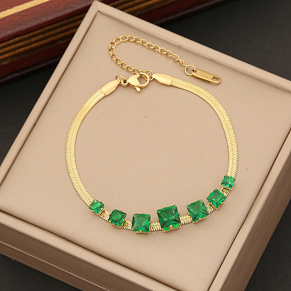 Green Square Necklace - Stainless Steel Collarbone Chain Fashion Jewelry N1102