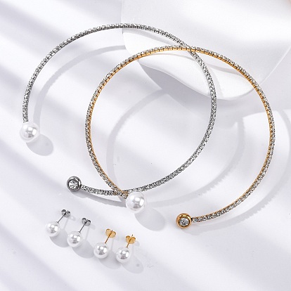Круглые пластиковые серьги-гвоздики с имитацией жемчуга и комплекты колье-чокеров с кубическим цирконием и стразами, 304 комплект украшений из нержавеющей стали для женщин