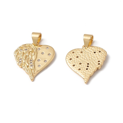 Rack Plating Brass Pendants, with Cubic Zirconia, Heart with Wing Charm, Cadmium Free & Lead Free, Long-Lasting Plated