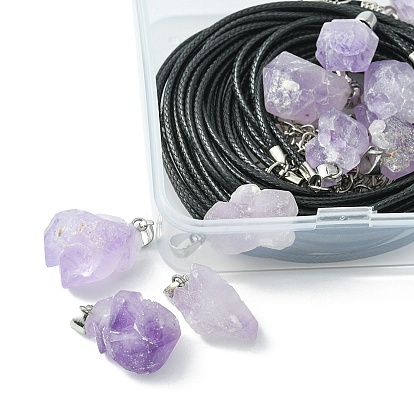 DIY Necklace Making Kit, Including Raw Rough Natural Amethyst Pendants, Waxed Cotton Cord Necklace Making