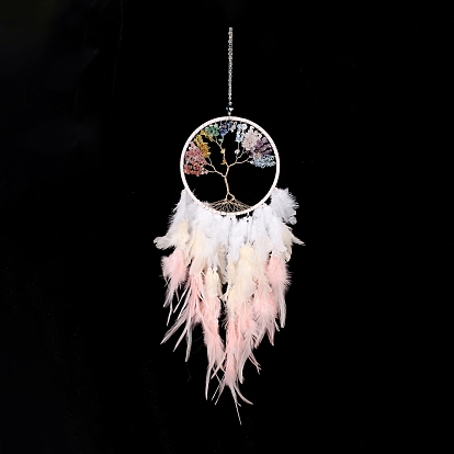 Iron Woven Web/Net with Feather Pendant Decorations, with Plastic and Gemstone Beads, Covered with Leather and Brass Cord, Flat Round with Tree of Life