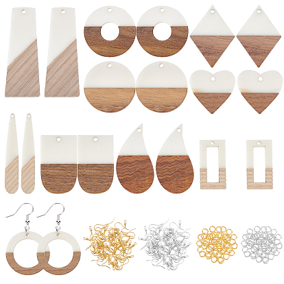 Earring Making Kits, Including Resin & Walnut Wood Pendants, Brass Earring Hooks, Brass Jump Rings, Mixed Shapes