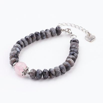 Faceted Natural Labradorite Bracelets, with Natural Rose Quartz Beads and Alloy & Brass Findings