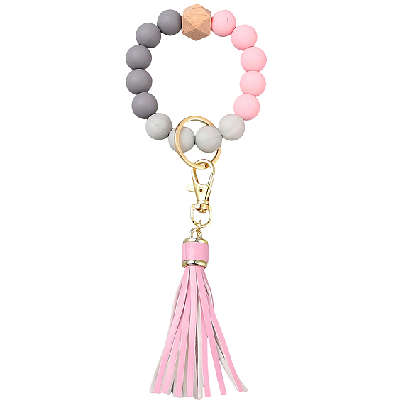 1шт. силиконовый круглый брелок с бусинами, с застежкой-брелоком из сплава и кисточкой из искусственной кожи