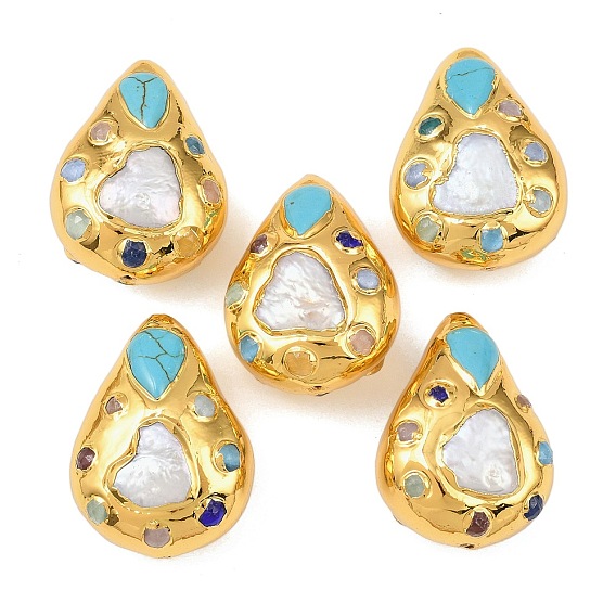 Окрашенная синтетическая бирюза, натуральный кварц и стеклянные бусины, с латунной фурнитурой , слеза