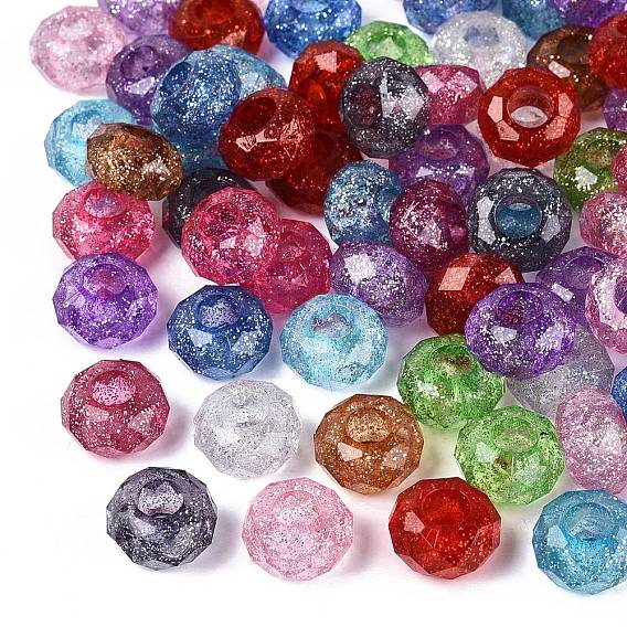 Прозрачного акрилового Европейский бисером, рондель, большое отверстие шарик, с блеском порошок, гранёная