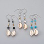 Round Gemstone Dangle Earrings, with Cowrie Shell, Electroplate Non-magnetic Hematite Beads and 304 Stainless Steel Earring Hooks