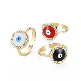 Anneau de manchette porte-bonheur plat rond avec émail mauvais œil, Bague ouverte en laiton plaqué or véritable avec zircone cubique pour femme, sans nickel