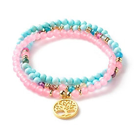 Stone Stretch Bracelets Set, Natural Malaysia Jade(Dyed) & Howlite & Agate Round Beads Bracelets, Flat Round with Tree of Life Brass Charm Bracelets for Women, Golden