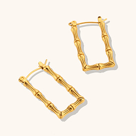 Minimalist Stainless Steel 18K Gold Plated Bamboo Rectangle U Hoop Earrings for Women