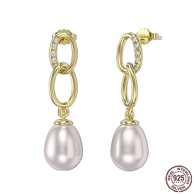 925 Sterling Silver Stud Earrings, Oval Pearl Dangle Earrings for Women, with S925 Stamp