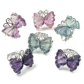 Butterfly Natural Fluorite Adjustable Rings, Rack Plating Platinum Tone Brass Finger Rings for Women